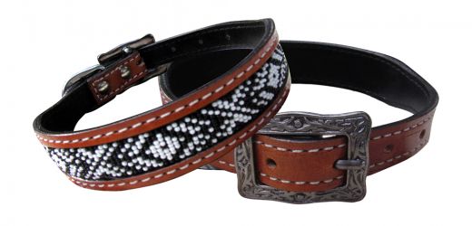 Showman Couture Genuine leather dog collar with black and white beaded inlay